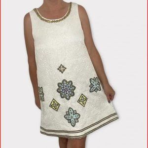 GROOVY 60s MOD!  Sleeveless Beaded Brocade MINI Dress! | 10 | White